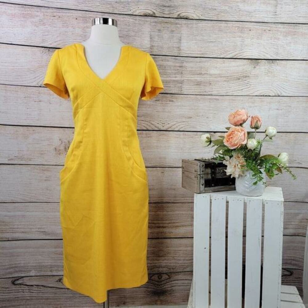 David Meister Bright Yellow Short Sleeve Sheath Dress 8